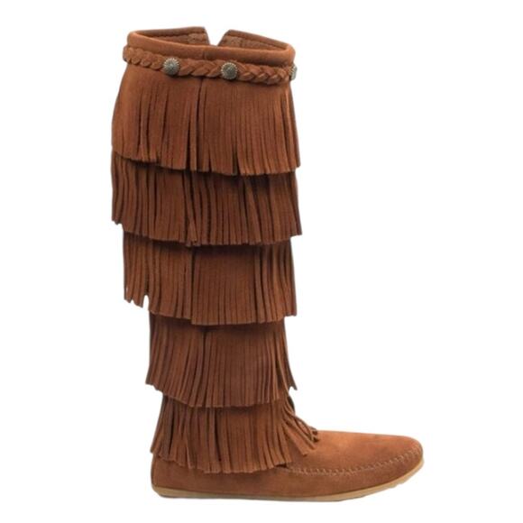 Minnetonka Boho Festival Brown Suede 5-Layer Fringe Moccasin Zip-up Boot Size 7 - Picture 1 of 8